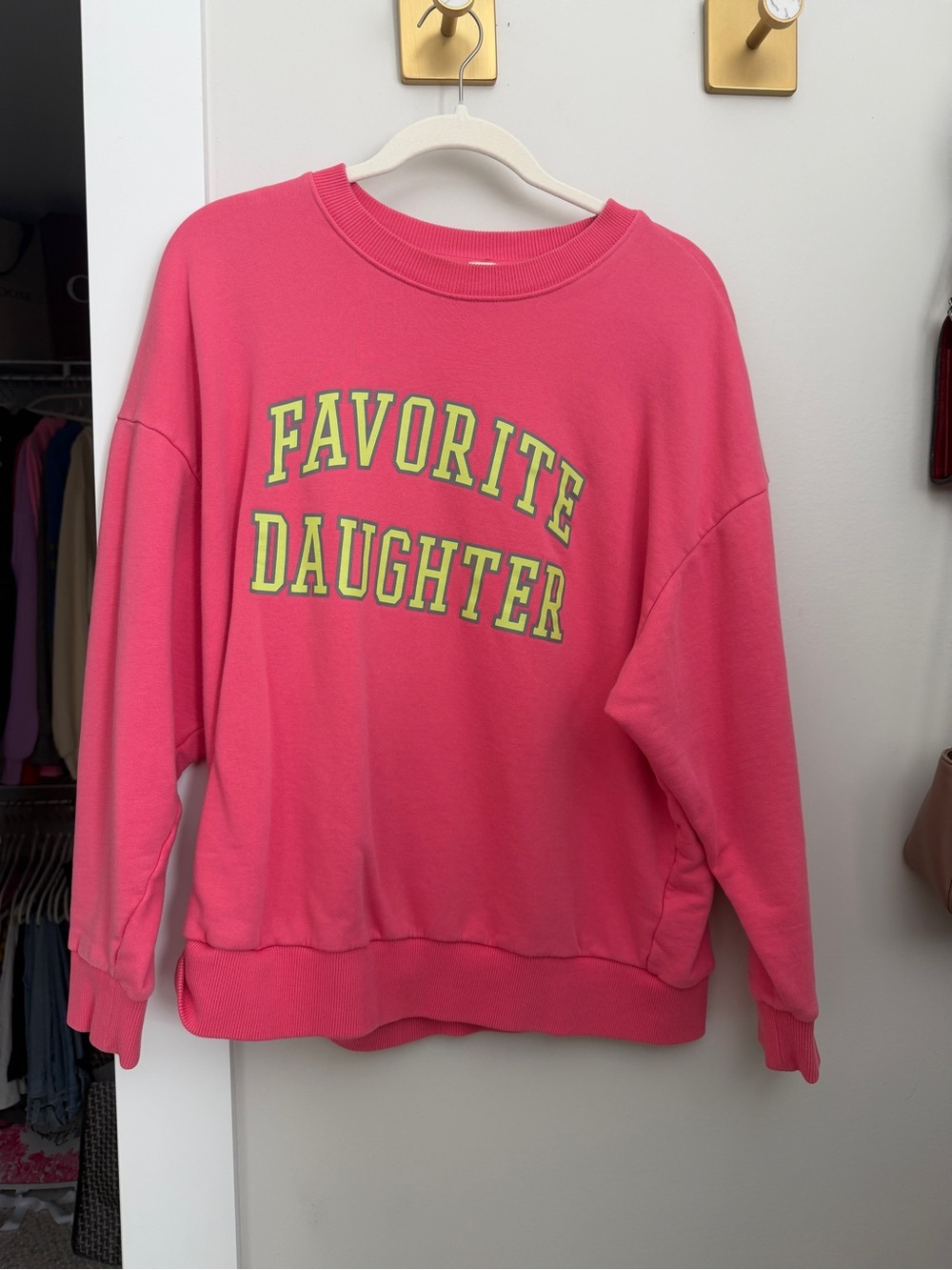 Favorite Daughter Hot Pink Crewneck with Neon Yellow-Green Lettering